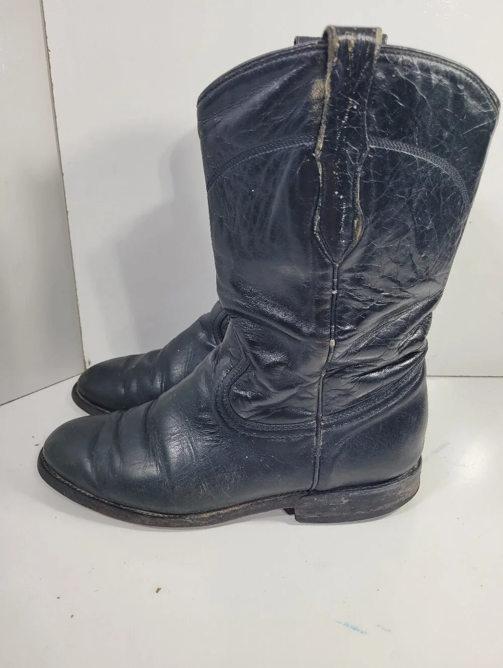 Tres Garcia Black Leather Cowboy Western Roper Boots Mens Size 6.5 Vtg Mex 25.5
